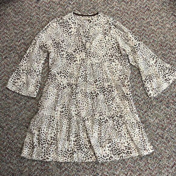 Lola Australia Ivory Brown Leopard Print V-Neck 3/4 Sleeve Tiered Dress Size M - Picture 2 of 12